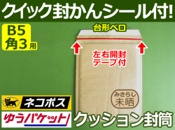 【１箱（３００枚）】(＠19.56円) クッション封筒（B5角3用・DVD重ねて2枚）ネコポス・クロネコDM・クリックポスト・ゆうパケット・定形外郵便対応 左右 左右開き開封テープ付 （茶色・未晒みさらし）